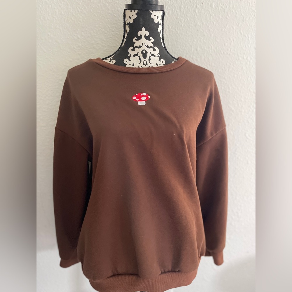 Brown red mushroom crew neck